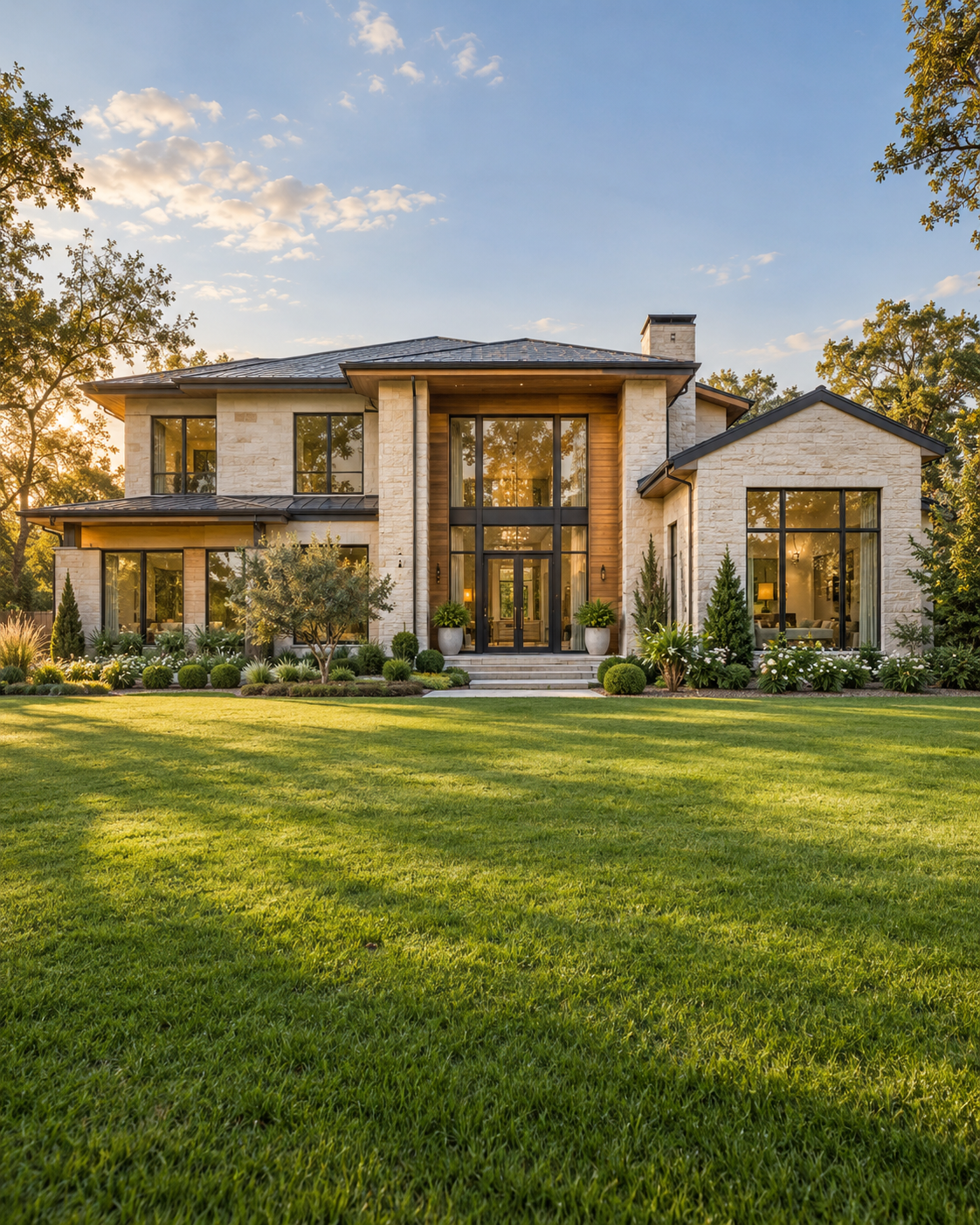 Modern luxury home with cream stone, warm wood, large windows and landscaped grounds